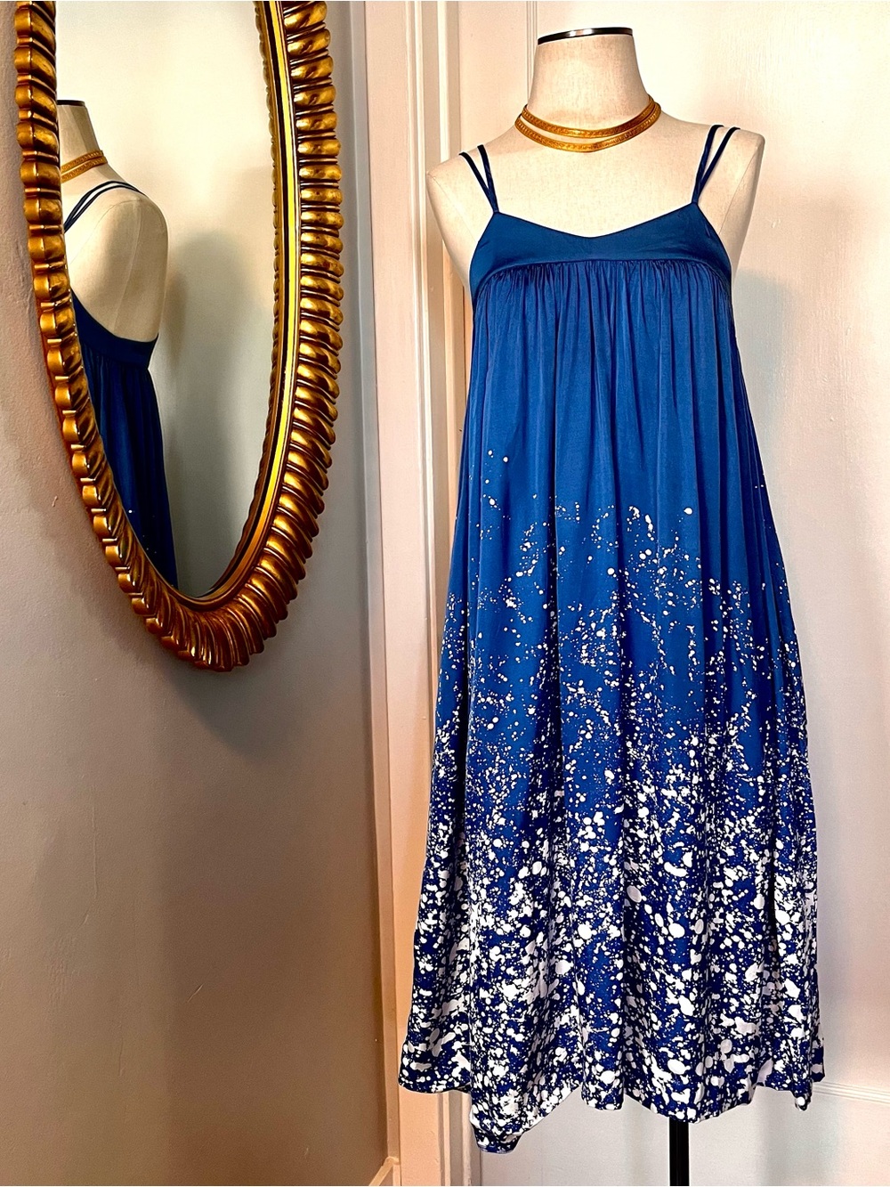 H&M Blue Paint Spatter Print Sleeveless Sundress w/Tie Back, Sz.4